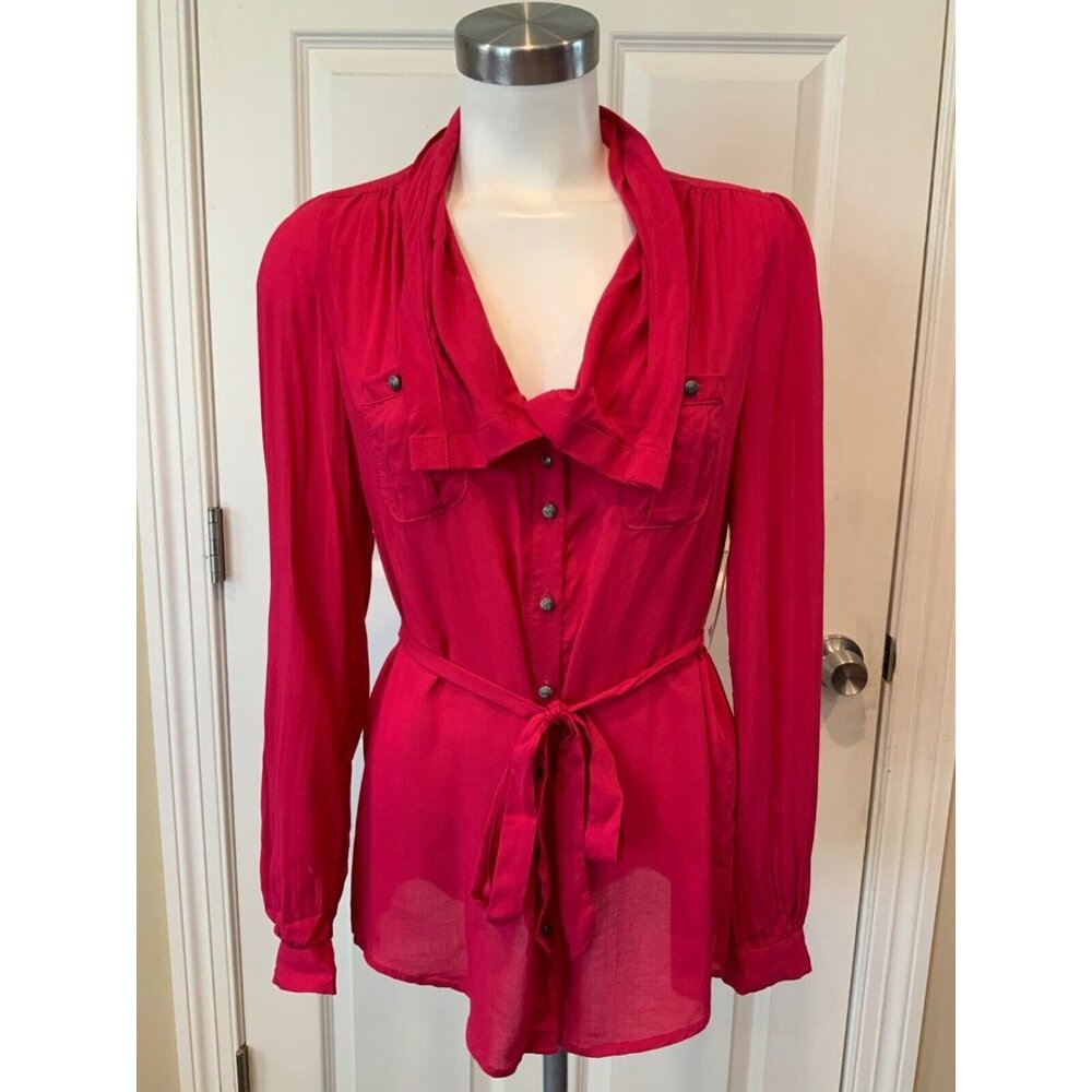 Odille Anthropologie Dark Pink Belted Button Up Shirt W/Roll Tab Sleeve, Size 2